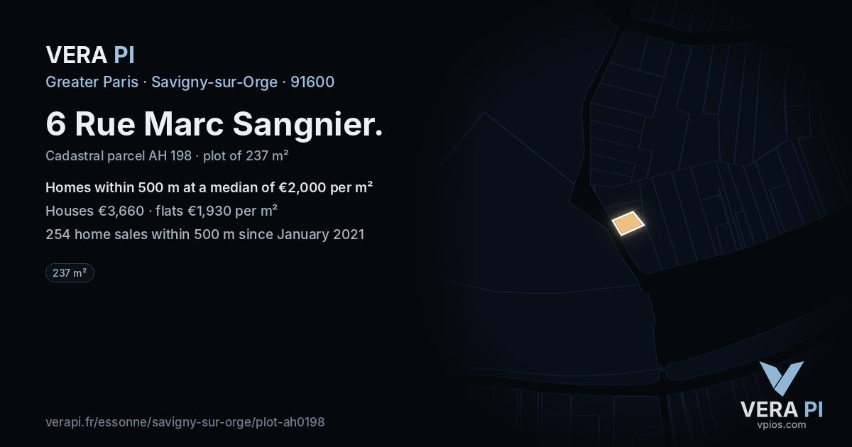 6 Rue Marc Sangnier, Savigny-sur-Orge at night – the plot lit, the parcels around coloured by the prices near them