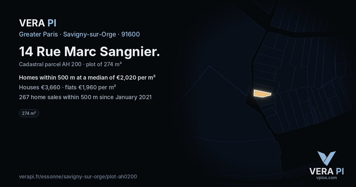 14 Rue Marc Sangnier, Savigny-sur-Orge at night – the plot lit, the parcels around coloured by the prices near them