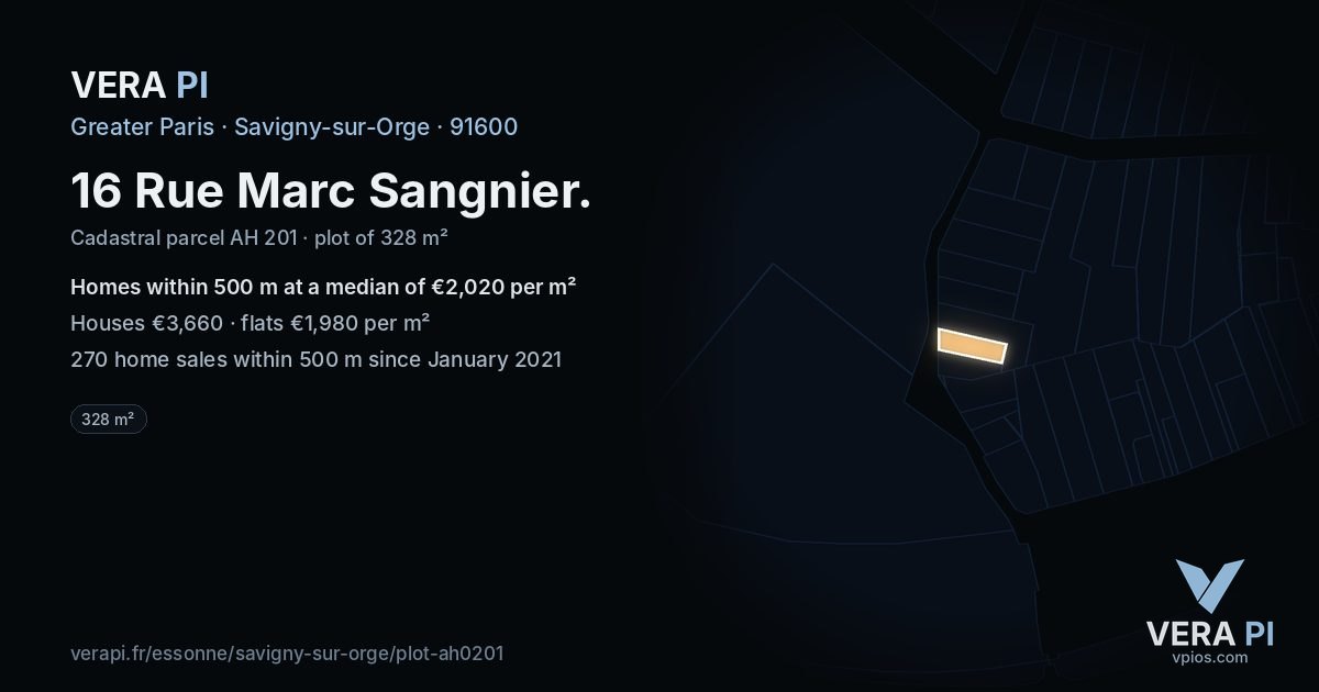 16 Rue Marc Sangnier, Savigny-sur-Orge at night – the plot lit, the parcels around coloured by the prices near them