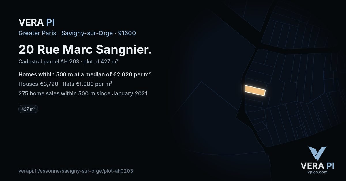 20 Rue Marc Sangnier, Savigny-sur-Orge at night – the plot lit, the parcels around coloured by the prices near them