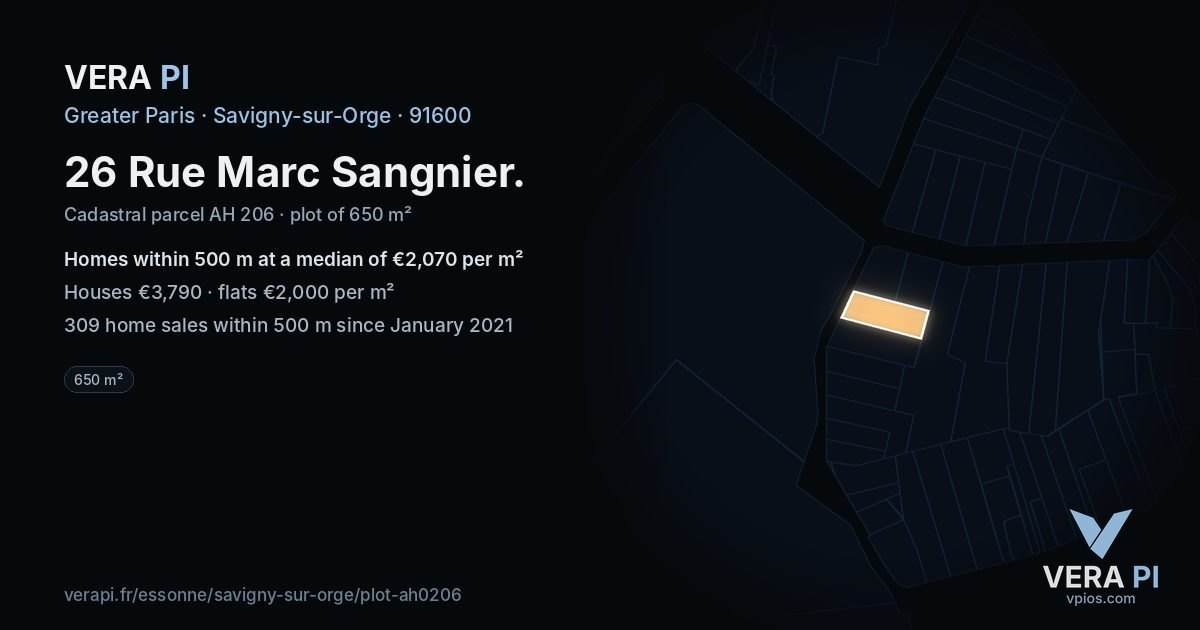 26 Rue Marc Sangnier, Savigny-sur-Orge at night – the plot lit, the parcels around coloured by the prices near them