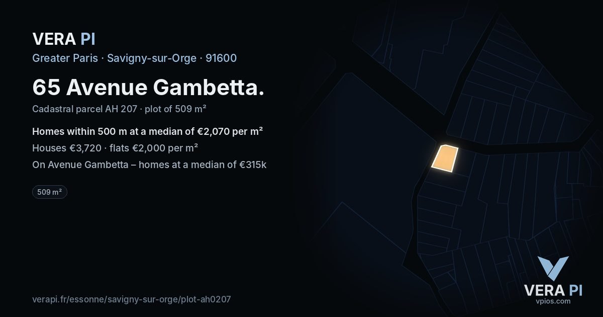 65 Avenue Gambetta, Savigny-sur-Orge at night – the plot lit, the parcels around coloured by the prices near them