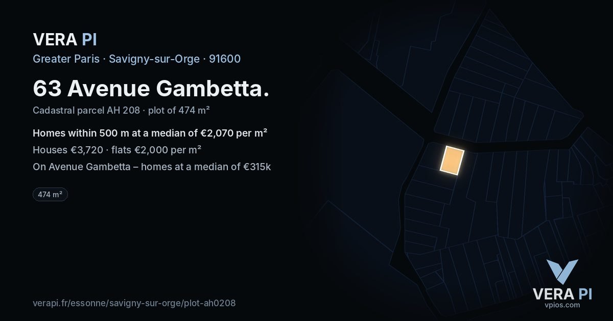 63 Avenue Gambetta, Savigny-sur-Orge at night – the plot lit, the parcels around coloured by the prices near them