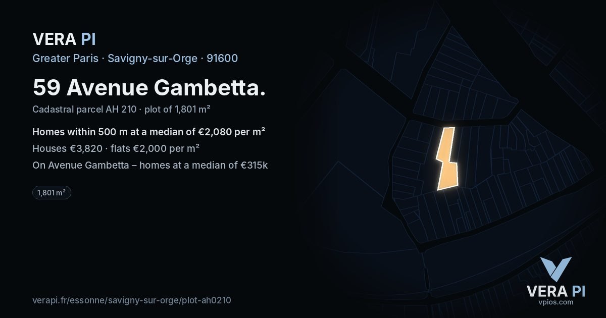 59 Avenue Gambetta, Savigny-sur-Orge at night – the plot lit, the parcels around coloured by the prices near them