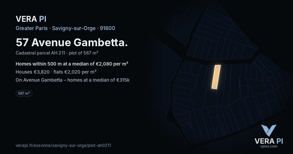 57 Avenue Gambetta, Savigny-sur-Orge at night – the plot lit, the parcels around coloured by the prices near them