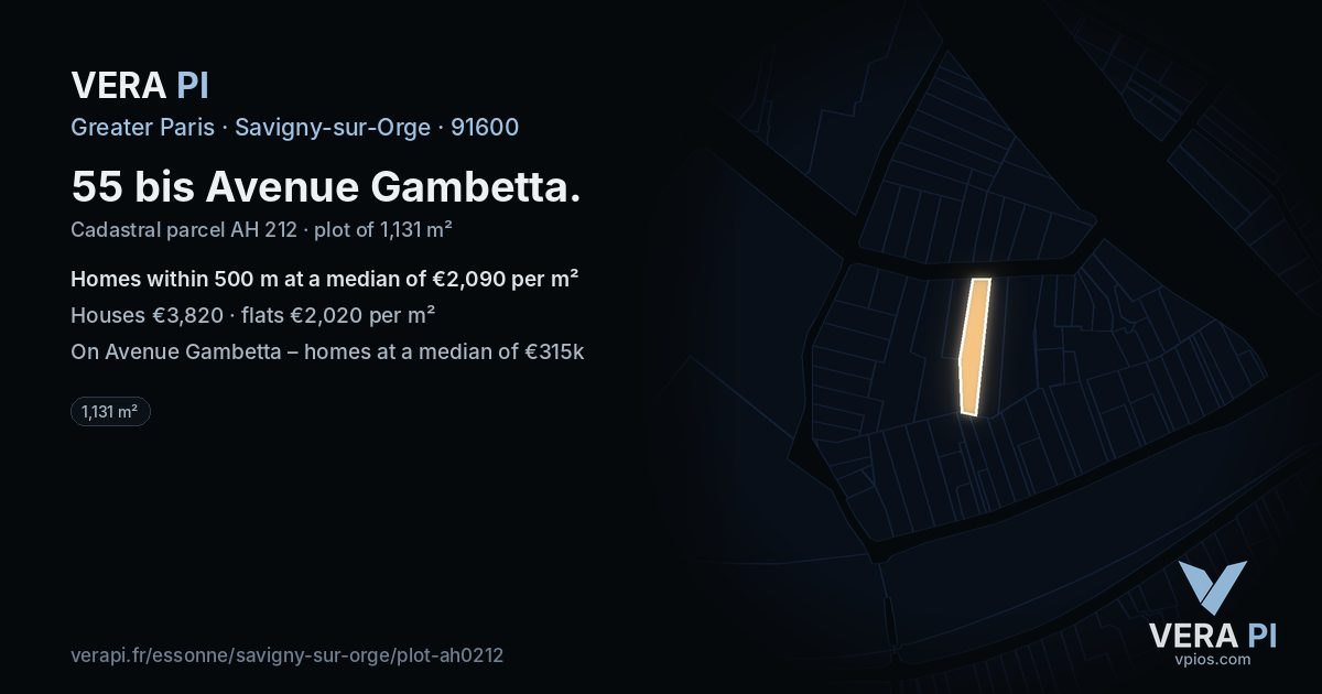 55 bis Avenue Gambetta, Savigny-sur-Orge at night – the plot lit, the parcels around coloured by the prices near them