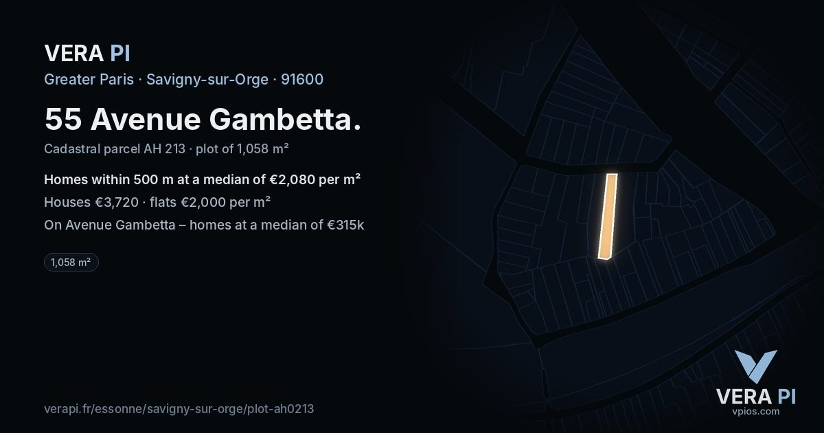 55 Avenue Gambetta, Savigny-sur-Orge at night – the plot lit, the parcels around coloured by the prices near them