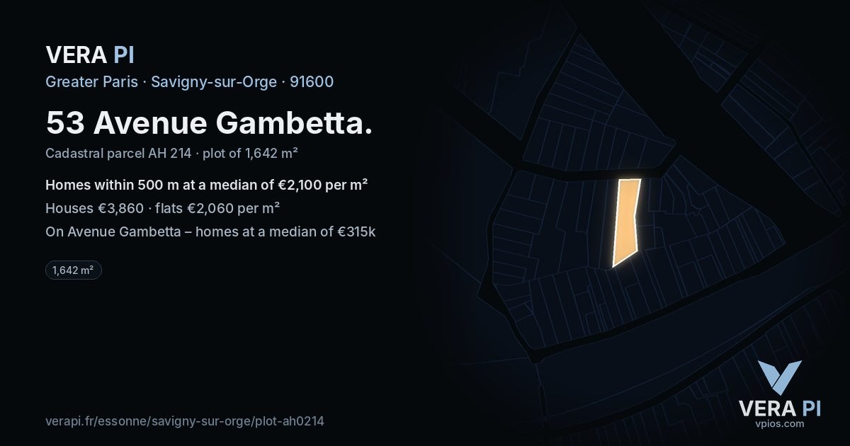 53 Avenue Gambetta, Savigny-sur-Orge at night – the plot lit, the parcels around coloured by the prices near them