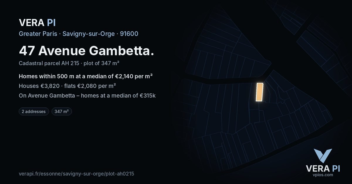 47 Avenue Gambetta, Savigny-sur-Orge at night – the plot lit, the parcels around coloured by the prices near them