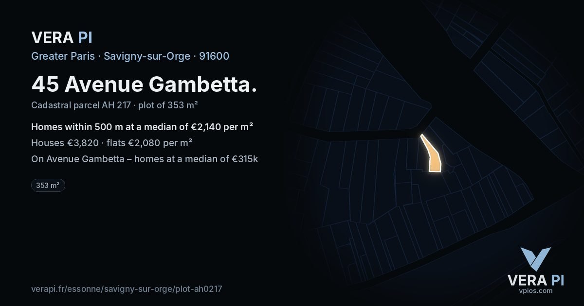 45 Avenue Gambetta, Savigny-sur-Orge at night – the plot lit, the parcels around coloured by the prices near them