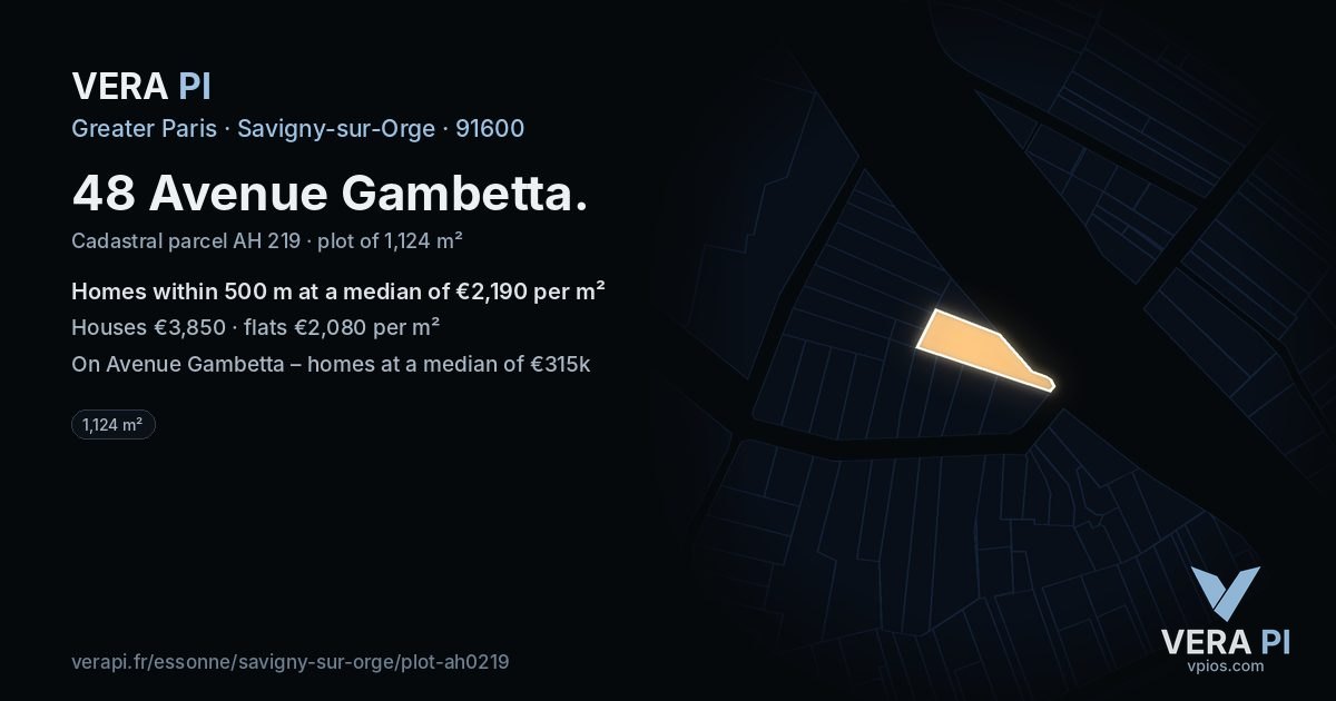 48 Avenue Gambetta, Savigny-sur-Orge at night – the plot lit, the parcels around coloured by the prices near them