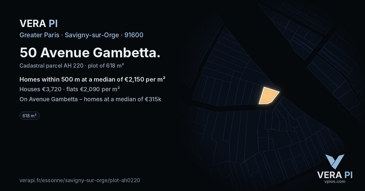 50 Avenue Gambetta, Savigny-sur-Orge at night – the plot lit, the parcels around coloured by the prices near them