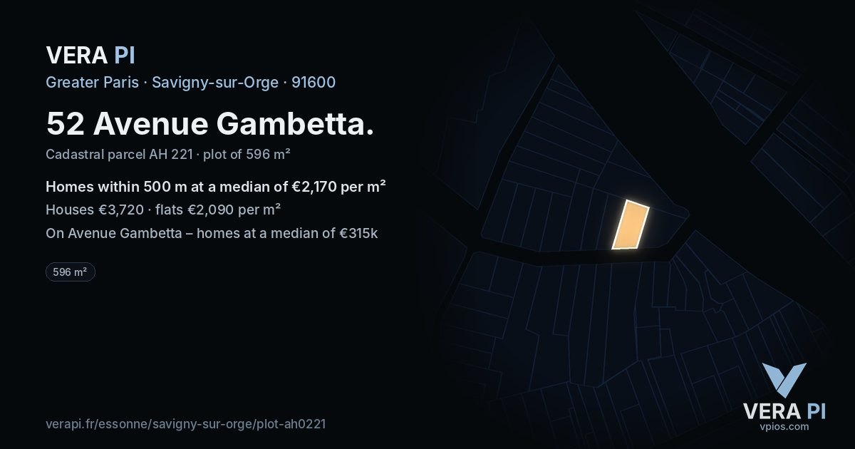 52 Avenue Gambetta, Savigny-sur-Orge at night – the plot lit, the parcels around coloured by the prices near them