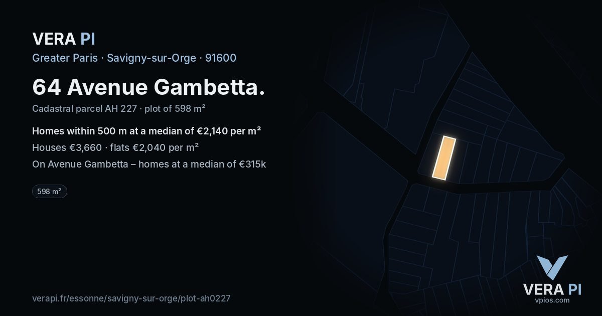 64 Avenue Gambetta, Savigny-sur-Orge at night – the plot lit, the parcels around coloured by the prices near them