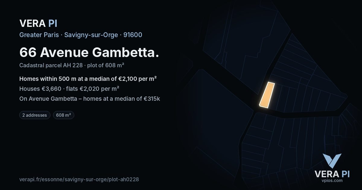 66 Avenue Gambetta, Savigny-sur-Orge at night – the plot lit, the parcels around coloured by the prices near them