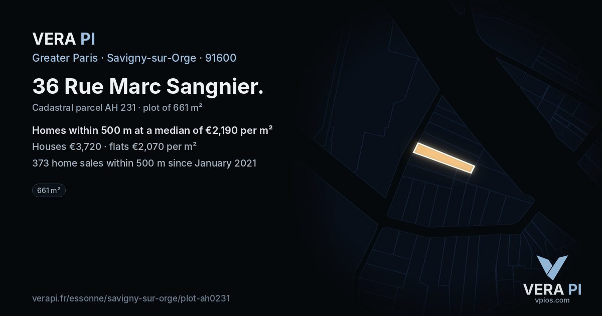 36 Rue Marc Sangnier, Savigny-sur-Orge at night – the plot lit, the parcels around coloured by the prices near them