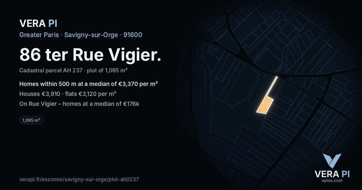 86 ter Rue Vigier, Savigny-sur-Orge at night – the plot lit, the parcels around coloured by the prices near them