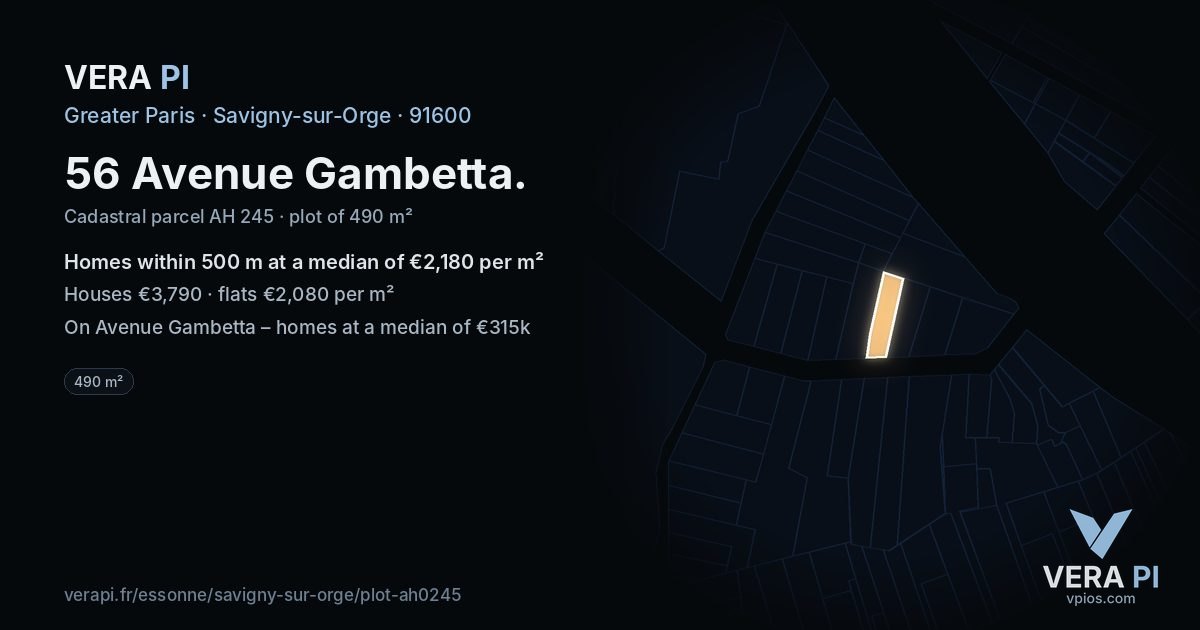 56 Avenue Gambetta, Savigny-sur-Orge at night – the plot lit, the parcels around coloured by the prices near them