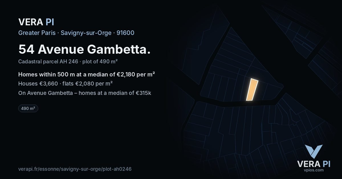 54 Avenue Gambetta, Savigny-sur-Orge at night – the plot lit, the parcels around coloured by the prices near them