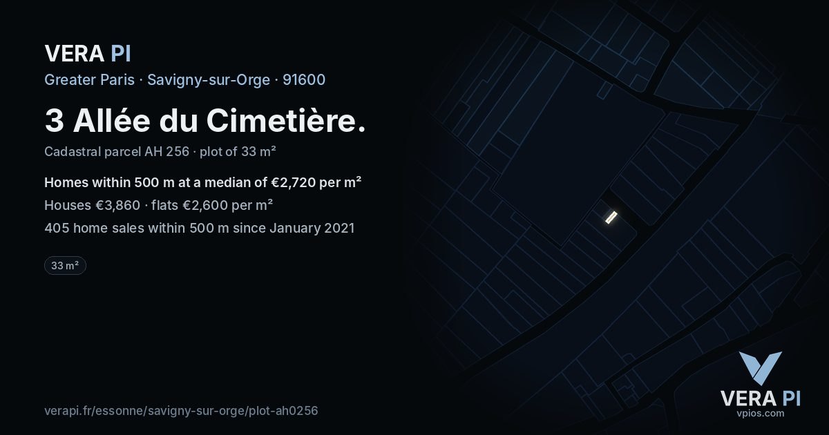 3 Allée du Cimetière, Savigny-sur-Orge at night – the plot lit, the parcels around coloured by the prices near them