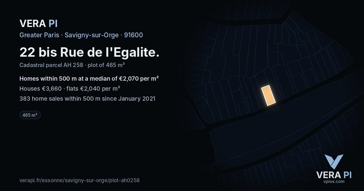 22 bis Rue de l'Egalite, Savigny-sur-Orge at night – the plot lit, the parcels around coloured by the prices near them
