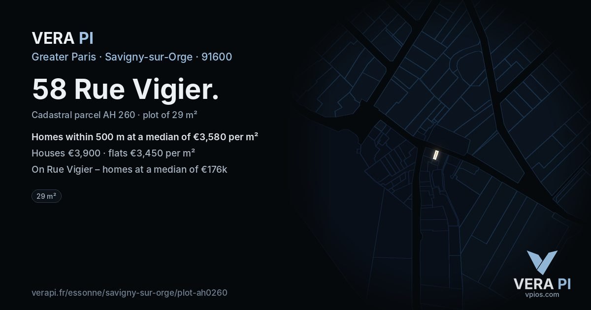 58 Rue Vigier, Savigny-sur-Orge at night – the plot lit, the parcels around coloured by the prices near them