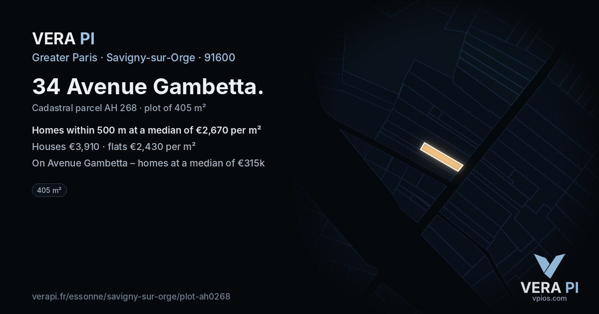 34 Avenue Gambetta, Savigny-sur-Orge at night – the plot lit, the parcels around coloured by the prices near them