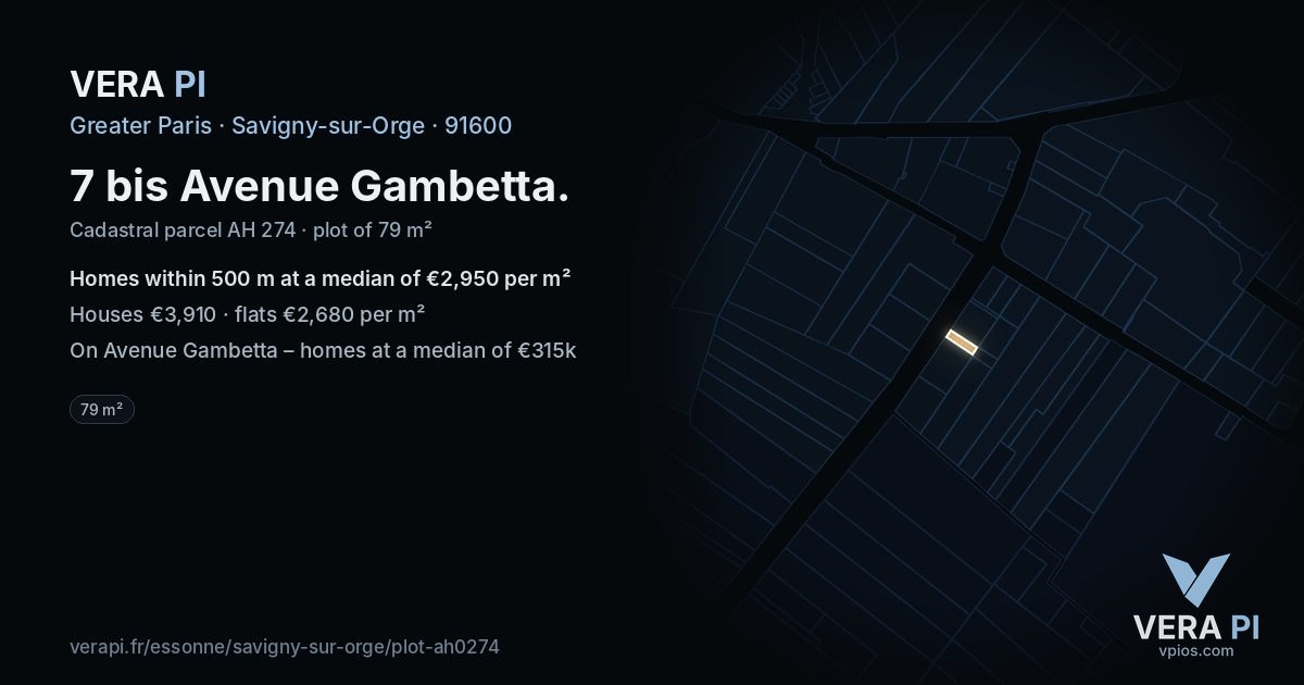 7 bis Avenue Gambetta, Savigny-sur-Orge at night – the plot lit, the parcels around coloured by the prices near them