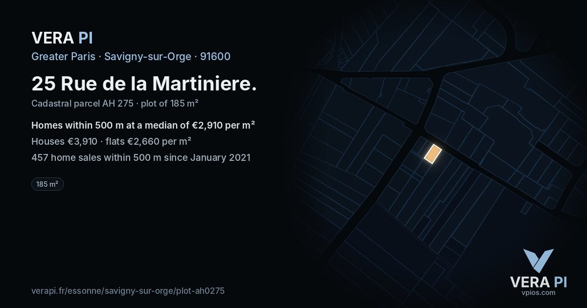25 Rue de la Martiniere, Savigny-sur-Orge at night – the plot lit, the parcels around coloured by the prices near them