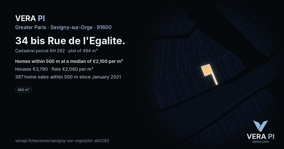 34 bis Rue de l'Egalite, Savigny-sur-Orge at night – the plot lit, the parcels around coloured by the prices near them