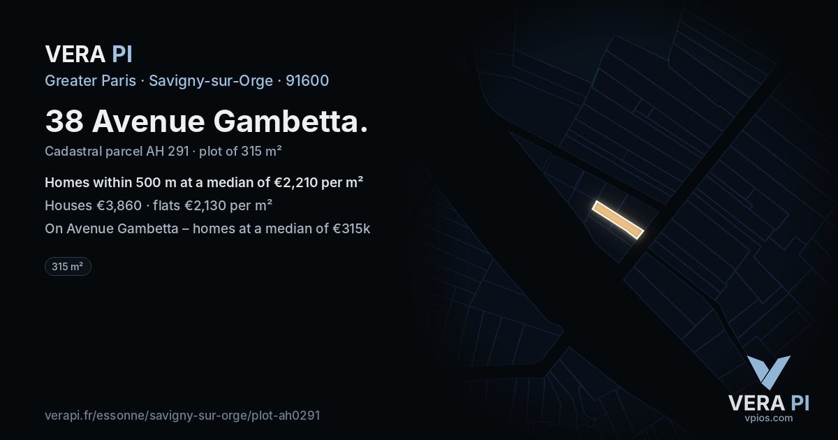 38 Avenue Gambetta, Savigny-sur-Orge at night – the plot lit, the parcels around coloured by the prices near them