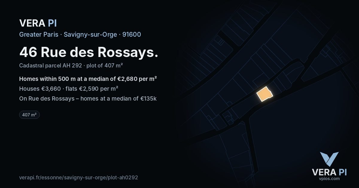 46 Rue des Rossays, Savigny-sur-Orge at night – the plot lit, the parcels around coloured by the prices near them