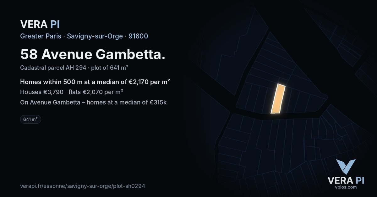 58 Avenue Gambetta, Savigny-sur-Orge at night – the plot lit, the parcels around coloured by the prices near them