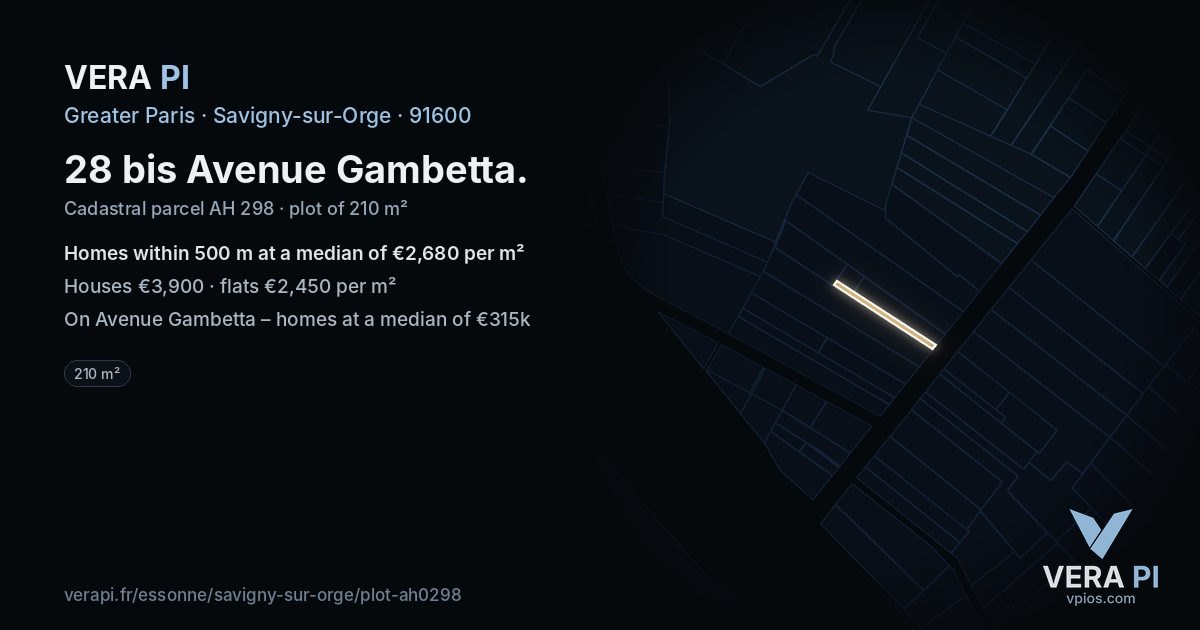 28 bis Avenue Gambetta, Savigny-sur-Orge at night – the plot lit, the parcels around coloured by the prices near them