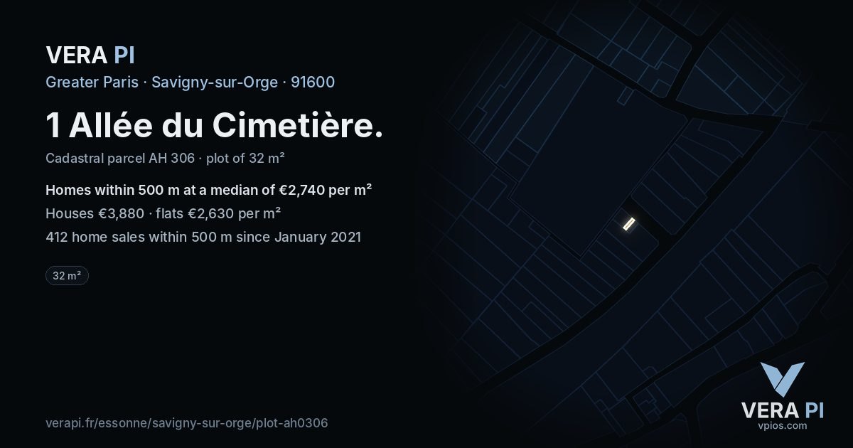 1 Allée du Cimetière, Savigny-sur-Orge at night – the plot lit, the parcels around coloured by the prices near them