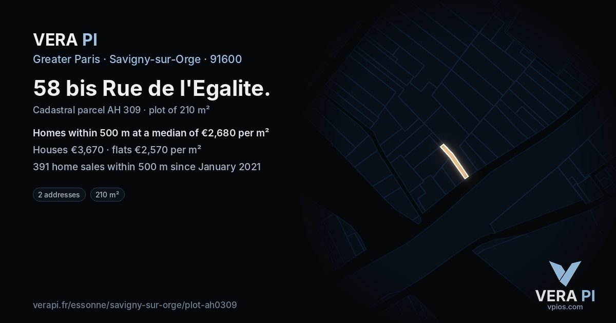 58 bis Rue de l'Egalite, Savigny-sur-Orge at night – the plot lit, the parcels around coloured by the prices near them