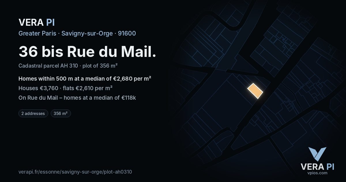 36 bis Rue du Mail, Savigny-sur-Orge at night – the plot lit, the parcels around coloured by the prices near them