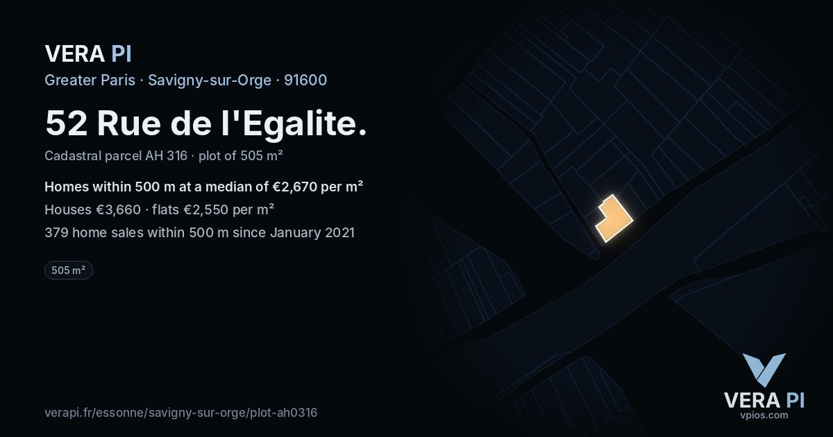 52 Rue de l'Egalite, Savigny-sur-Orge at night – the plot lit, the parcels around coloured by the prices near them