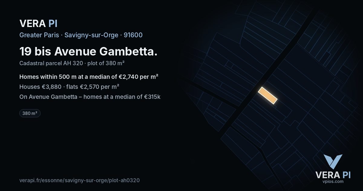 19 bis Avenue Gambetta, Savigny-sur-Orge at night – the plot lit, the parcels around coloured by the prices near them
