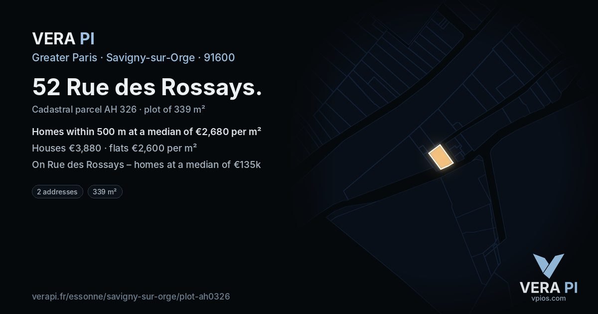 52 Rue des Rossays, Savigny-sur-Orge at night – the plot lit, the parcels around coloured by the prices near them