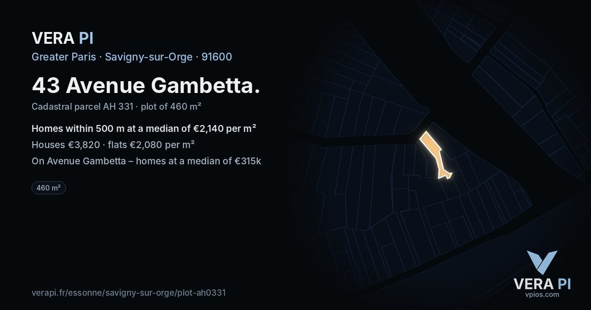 43 Avenue Gambetta, Savigny-sur-Orge at night – the plot lit, the parcels around coloured by the prices near them