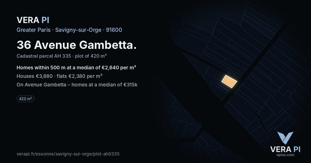 36 Avenue Gambetta, Savigny-sur-Orge at night – the plot lit, the parcels around coloured by the prices near them
