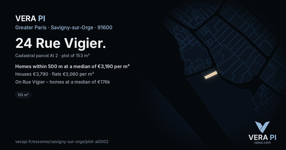 24 Rue Vigier, Savigny-sur-Orge at night – the plot lit, the parcels around coloured by the prices near them