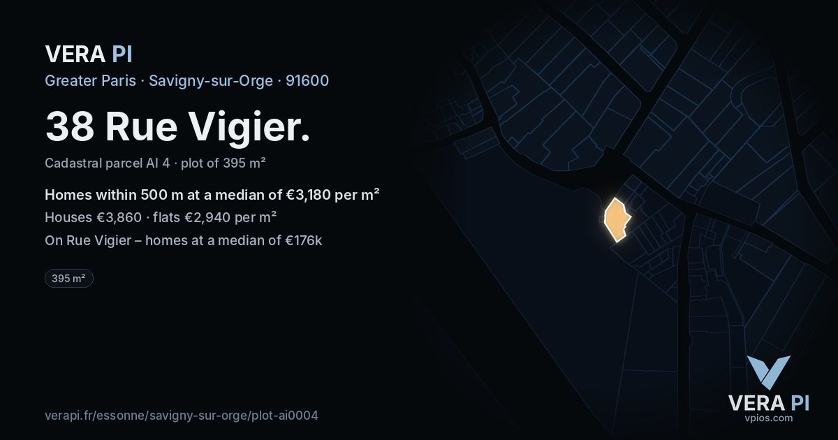 38 Rue Vigier, Savigny-sur-Orge at night – the plot lit, the parcels around coloured by the prices near them
