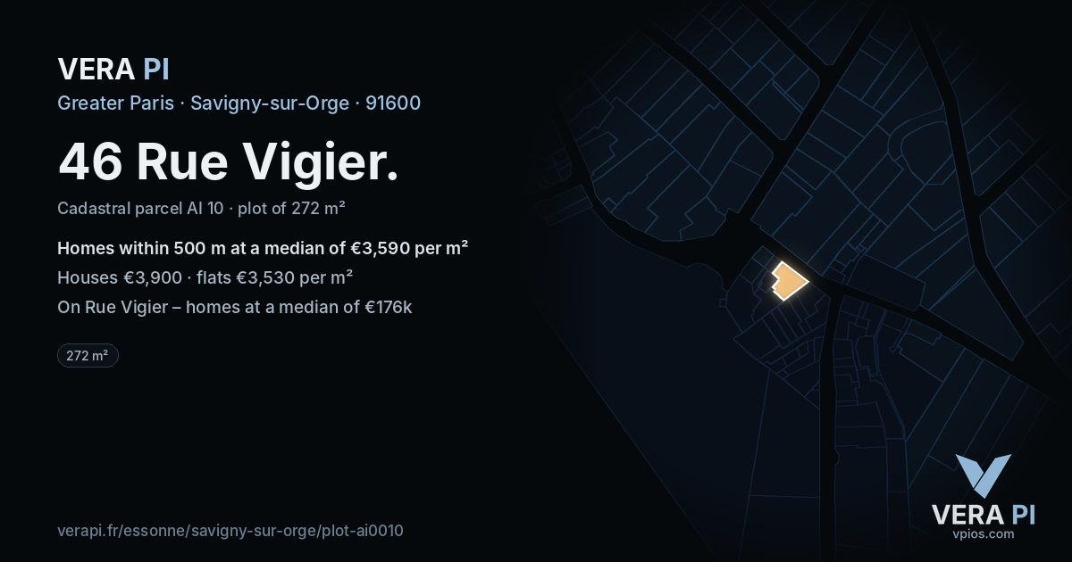 46 Rue Vigier, Savigny-sur-Orge at night – the plot lit, the parcels around coloured by the prices near them