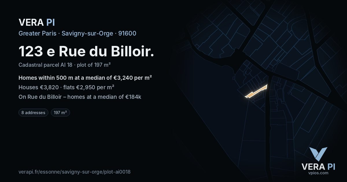 123 e Rue du Billoir, Savigny-sur-Orge at night – the plot lit, the parcels around coloured by the prices near them