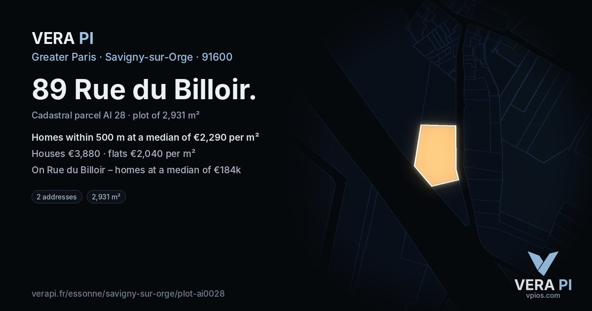89 Rue du Billoir, Savigny-sur-Orge at night – the plot lit, the parcels around coloured by the prices near them