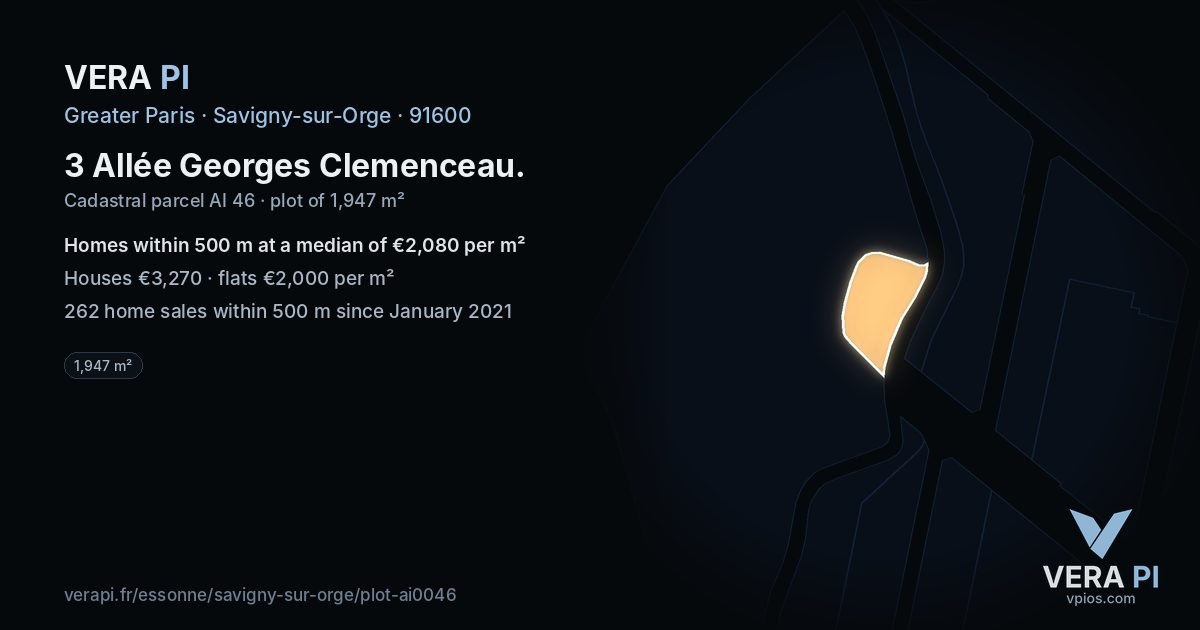 3 Allée Georges Clemenceau, Savigny-sur-Orge at night – the plot lit, the parcels around coloured by the prices near them