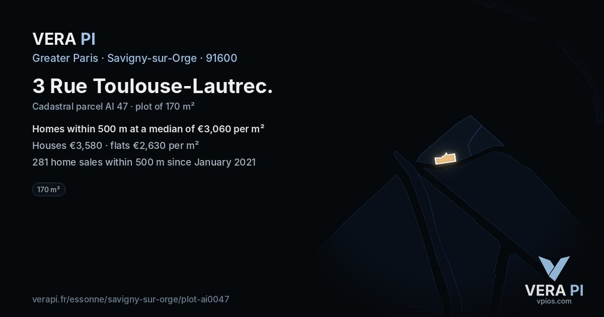 3 Rue Toulouse-Lautrec, Savigny-sur-Orge at night – the plot lit, the parcels around coloured by the prices near them