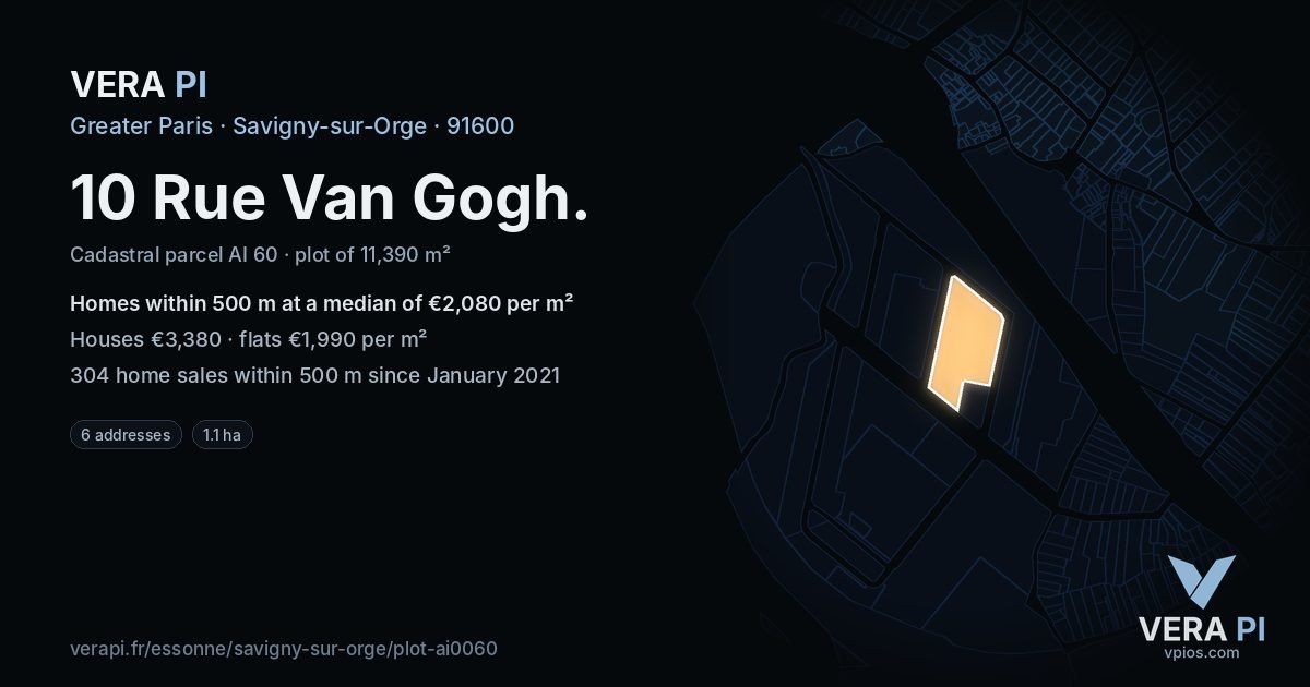 10 Rue Van Gogh, Savigny-sur-Orge at night – the plot lit, the parcels around coloured by the prices near them